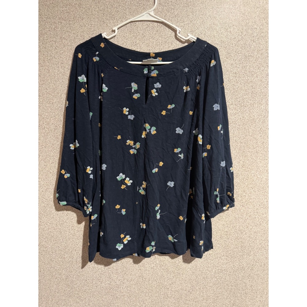 J. Jill Navy Floral Cotton Tencel Smocked Split Neck 3/4 Sleeve Blouse Large